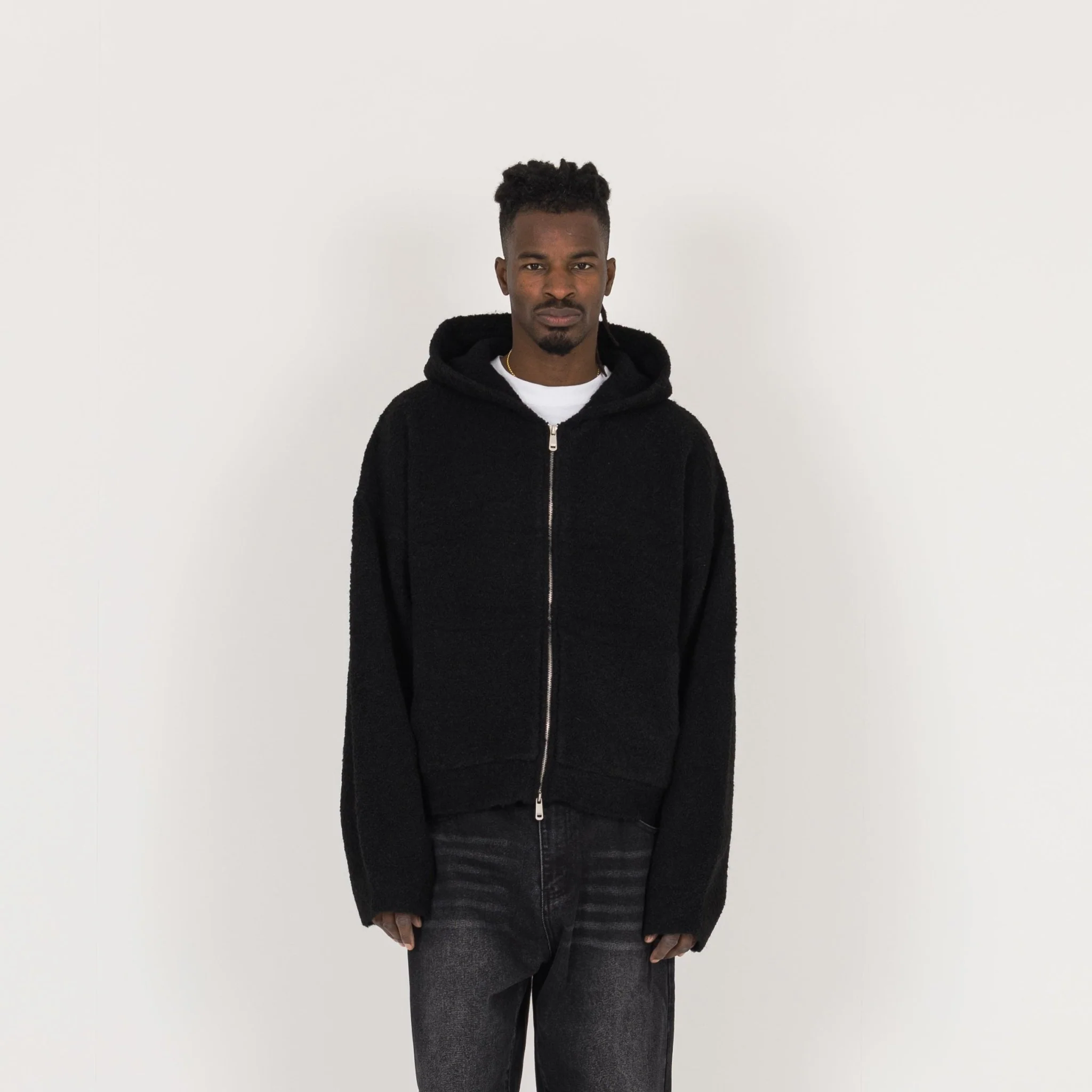 Bouclé Zip Hoodie - Black - Image 2