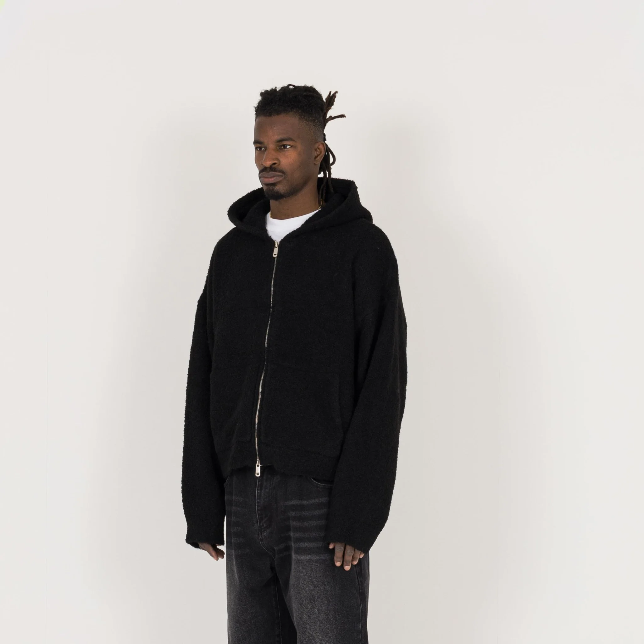 Bouclé Zip Hoodie - Black - Image 3