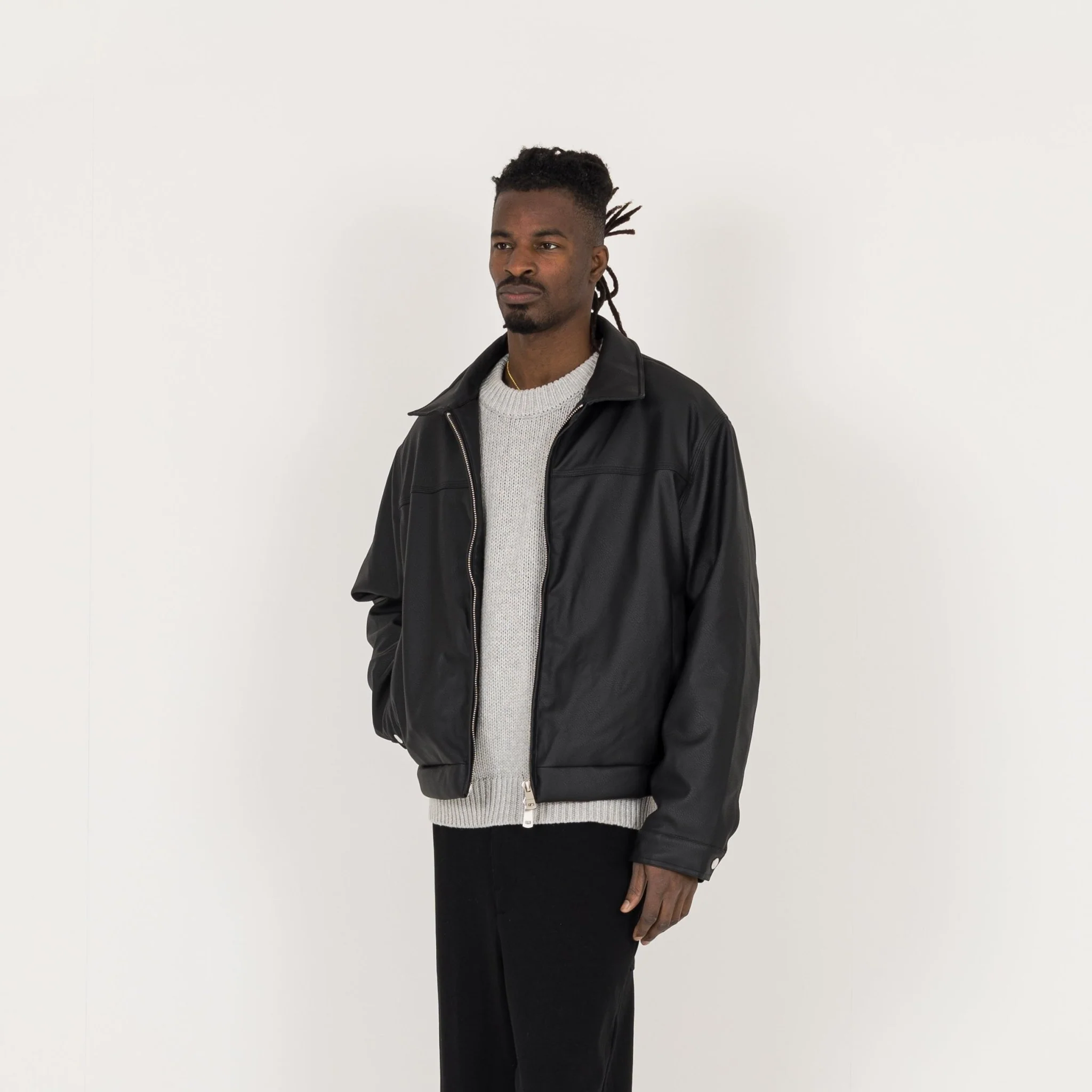 Cropped Leather Jacket - Black - Image 3