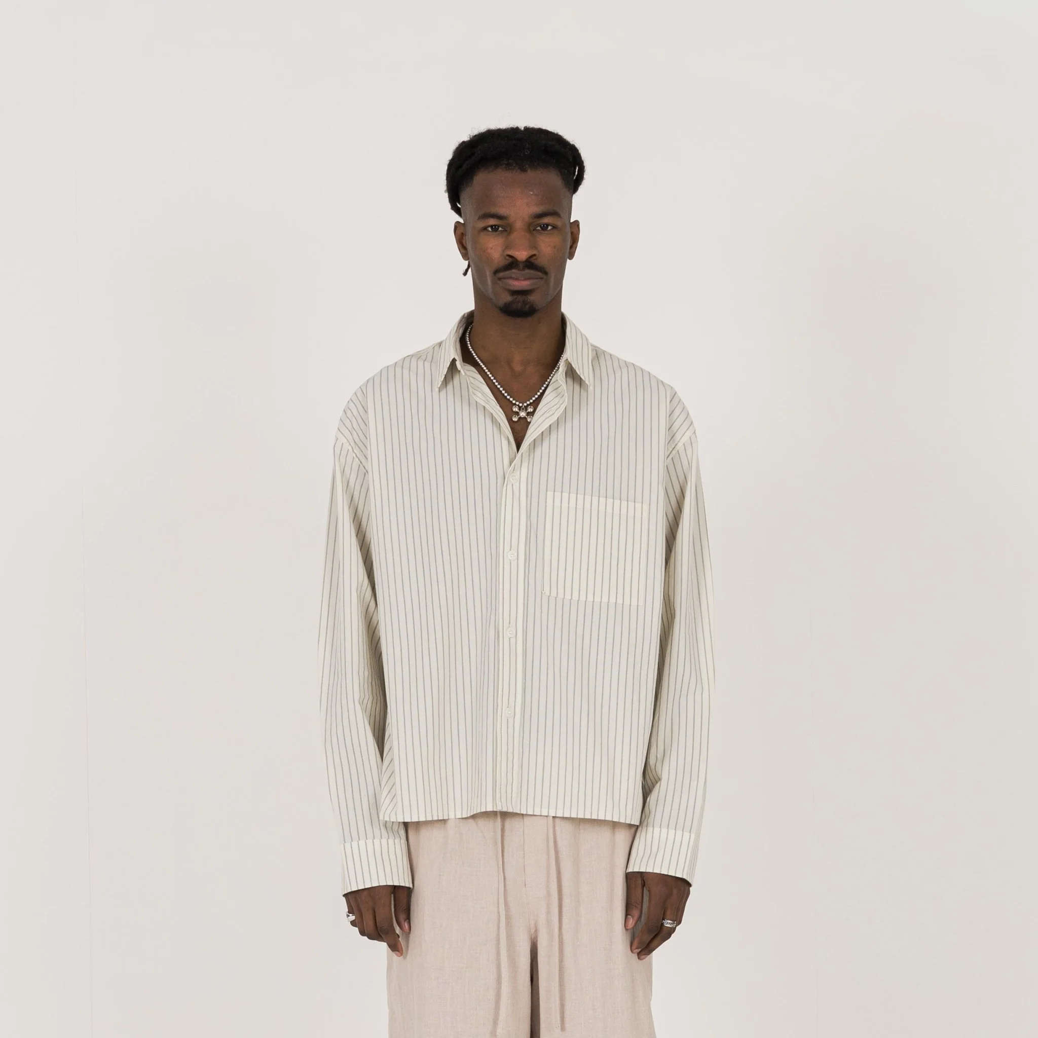 Cropped Long Sleeve Shirt - Bone Pinstripe - Image 2