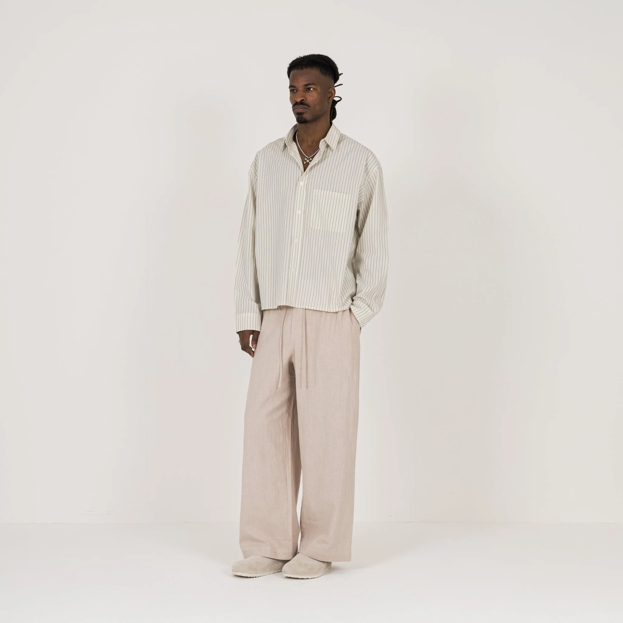 Cropped Long Sleeve Shirt - Bone Pinstripe - Image 5