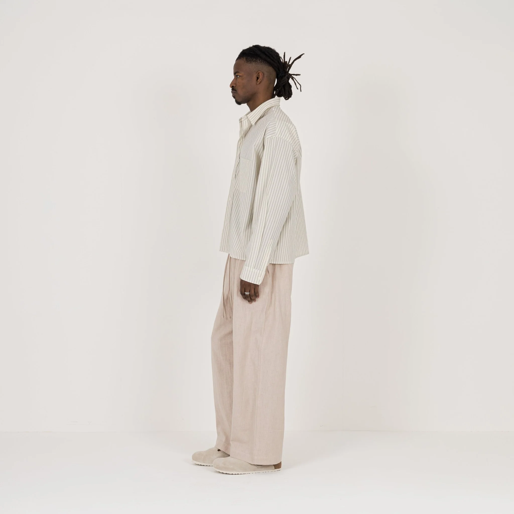 Cropped Long Sleeve Shirt - Bone Pinstripe - Image 6