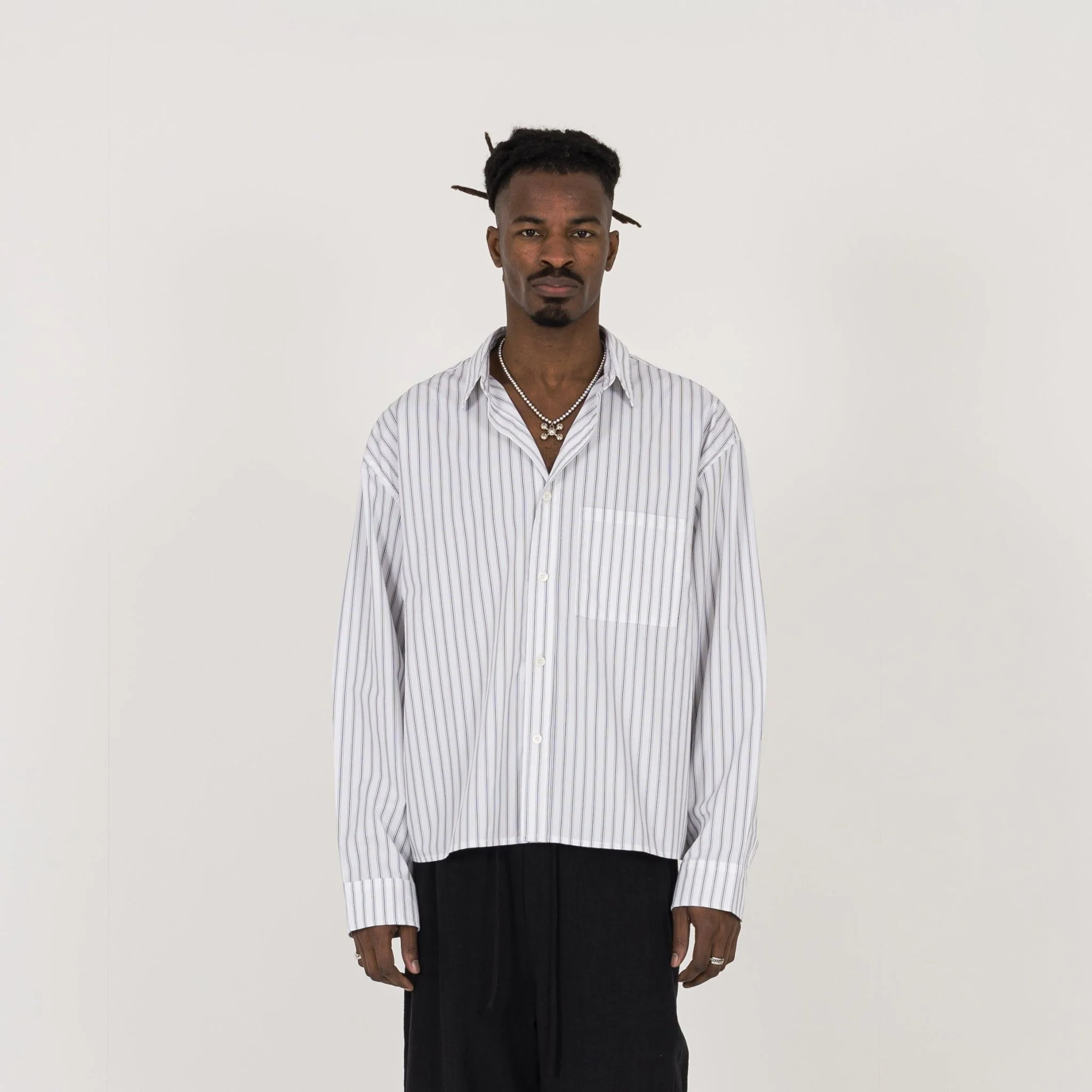 Cropped Long Sleeve Shirt - White Pinstripe - Image 2