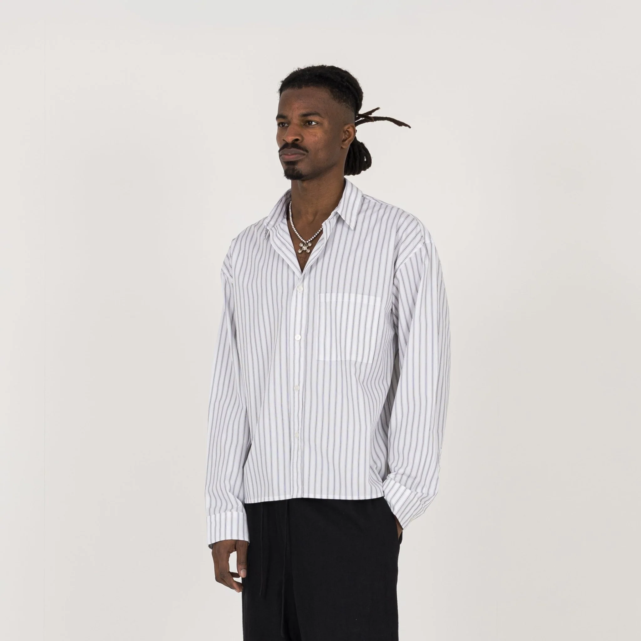 Cropped Long Sleeve Shirt - White Pinstripe - Image 3
