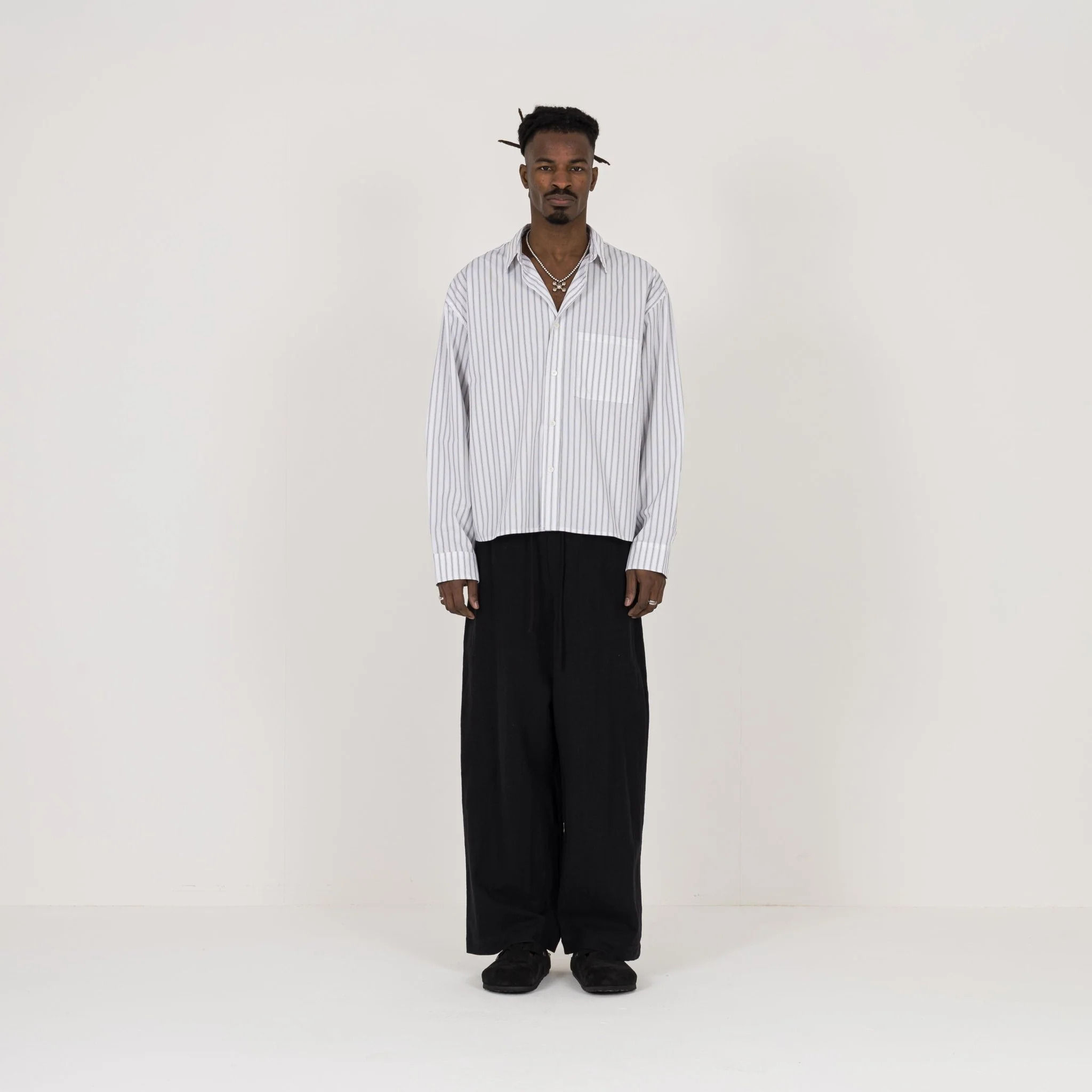 Cropped Long Sleeve Shirt - White Pinstripe - Image 4