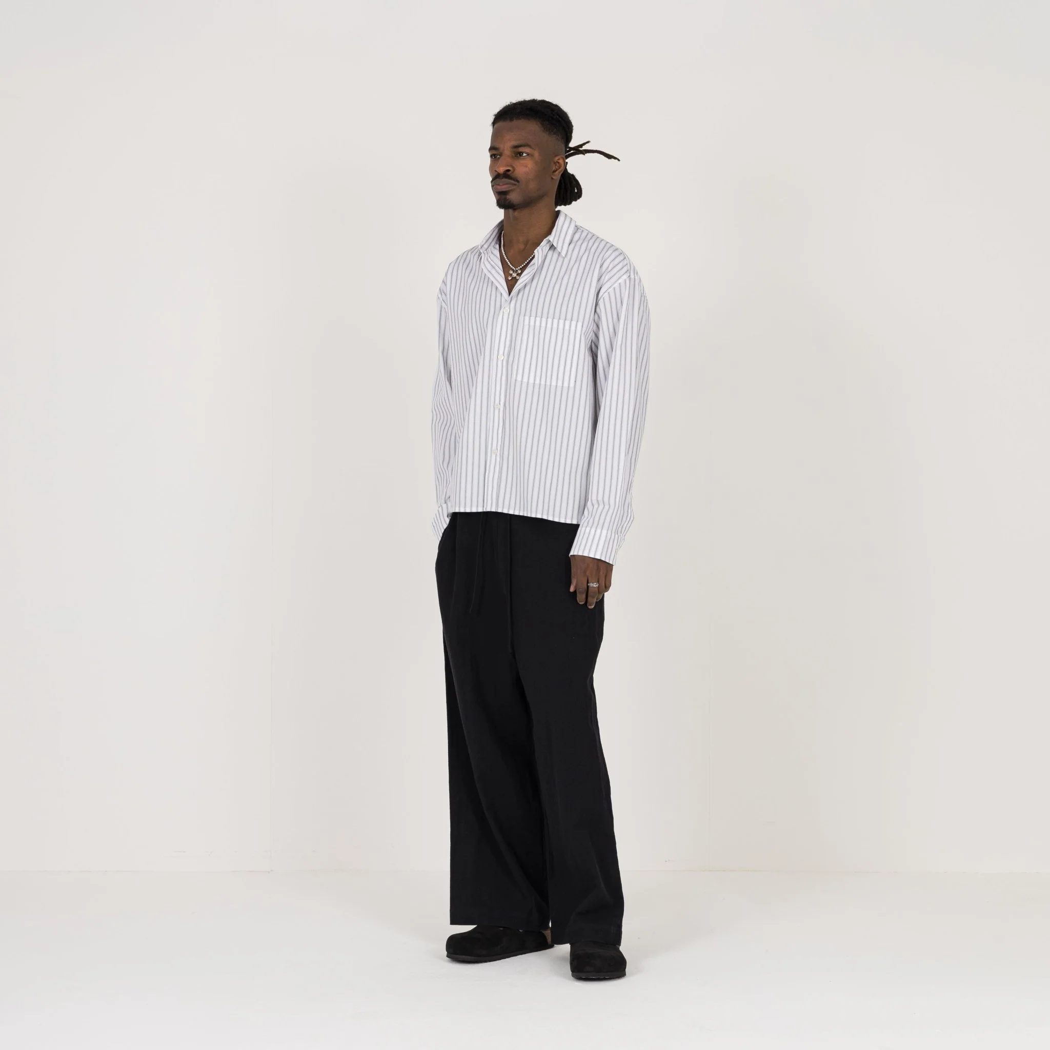 Cropped Long Sleeve Shirt - White Pinstripe - Image 5