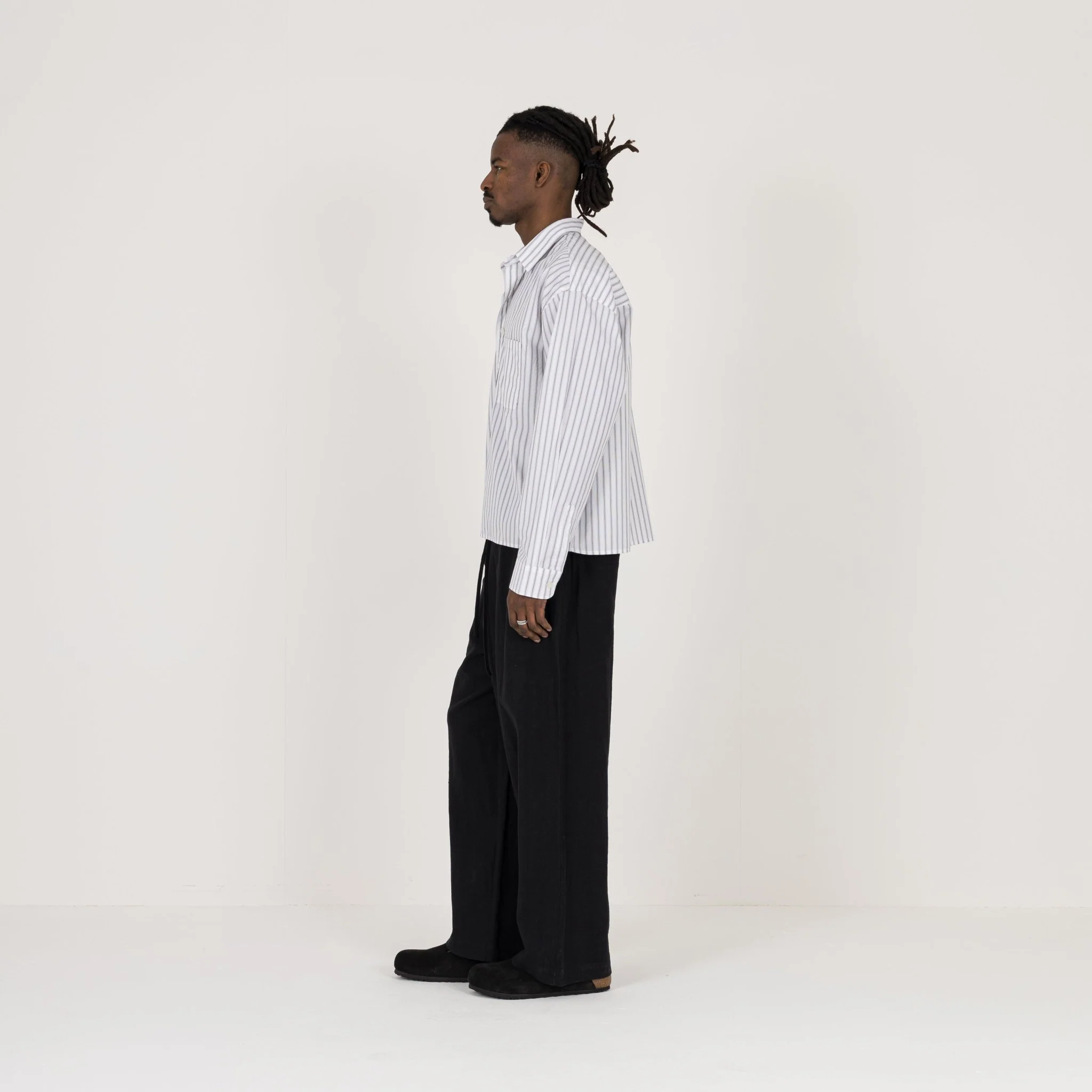 Cropped Long Sleeve Shirt - White Pinstripe - Image 6