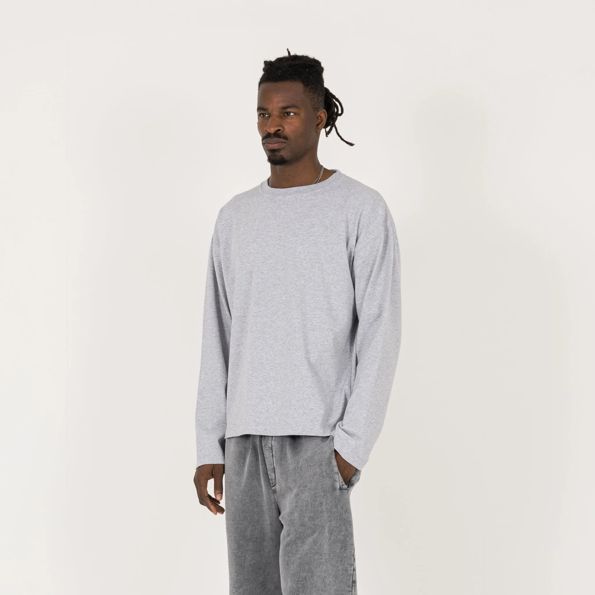 Cropped Long Sleeve T-Shirt - Light Marl Grey - Image 3