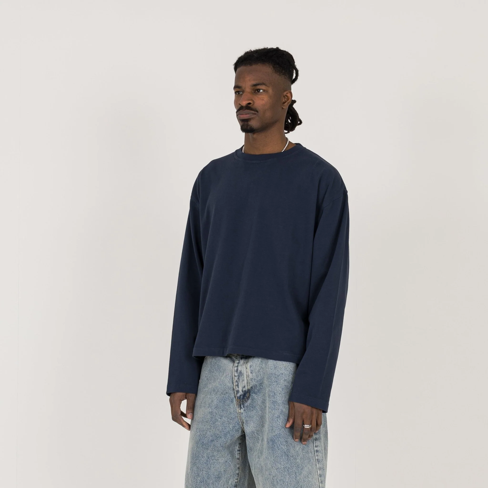 Cropped Long Sleeve T-Shirt - Navy - Image 3