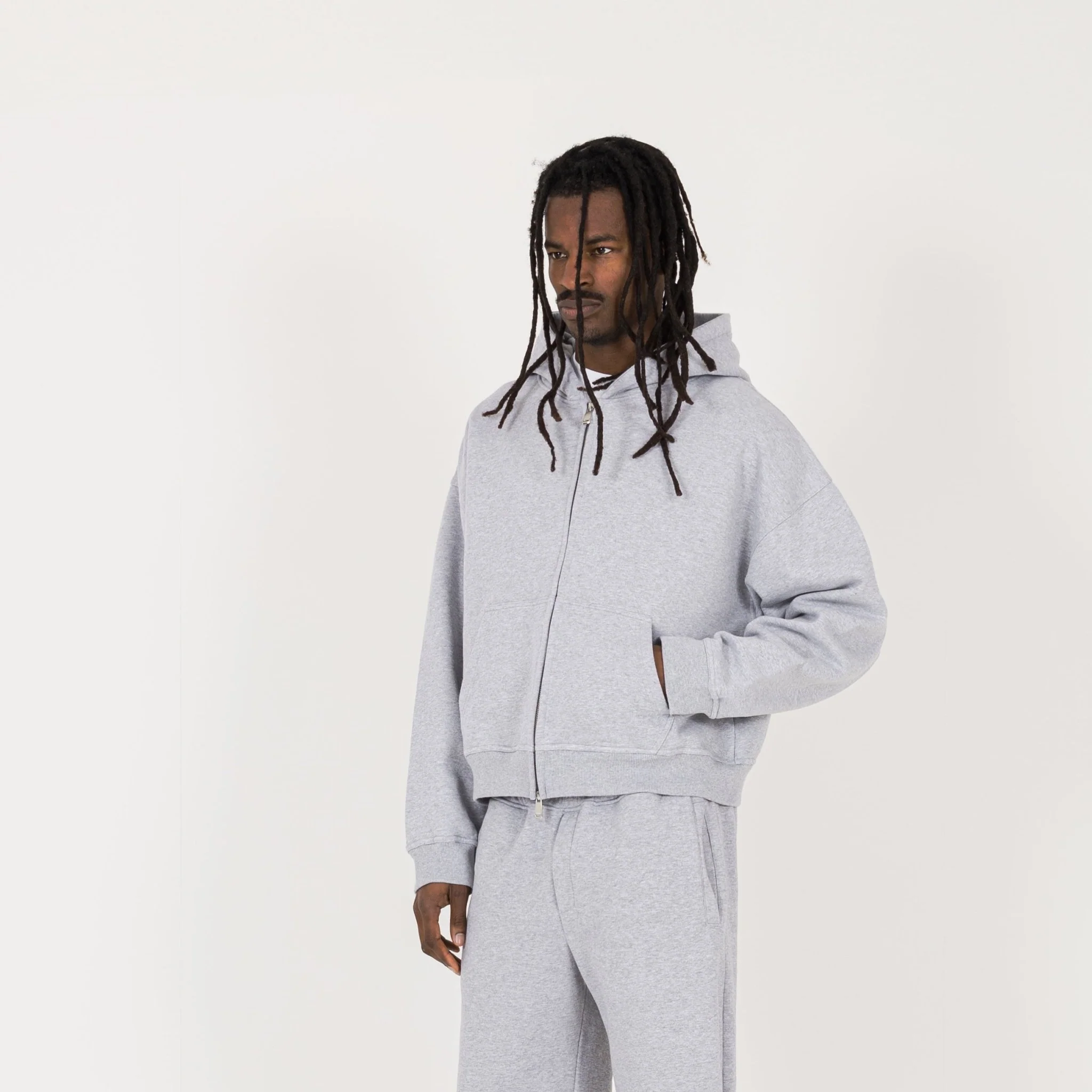 Cropped Zip Hoodie - Light Marl Grey - Image 3