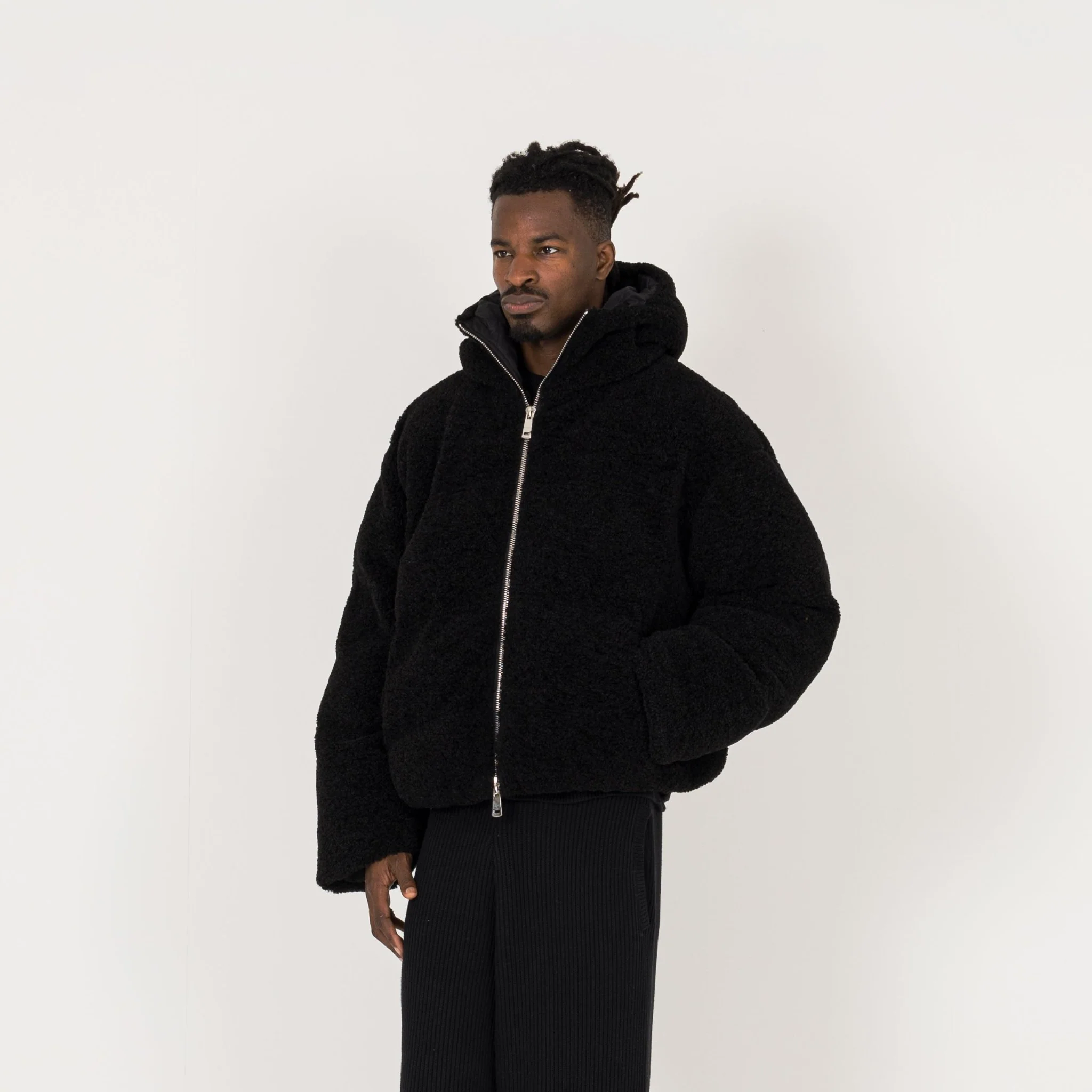Fleece Puffer Jacket - Black - Image 3