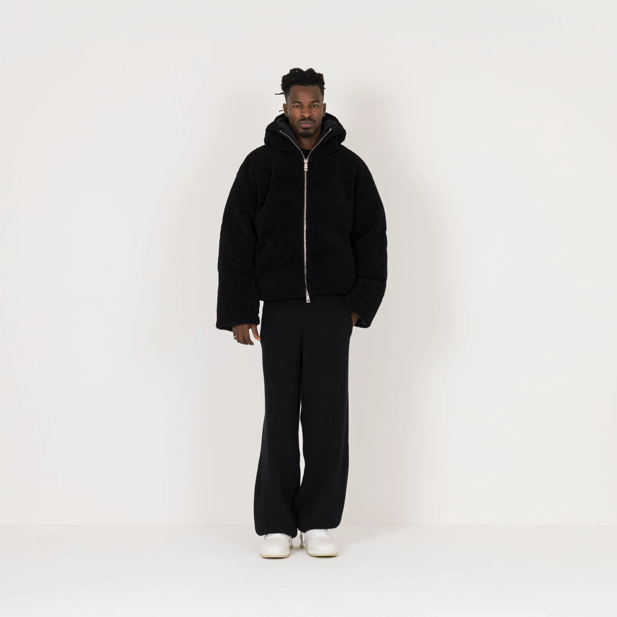 Fleece Puffer Jacket - Black - Image 4