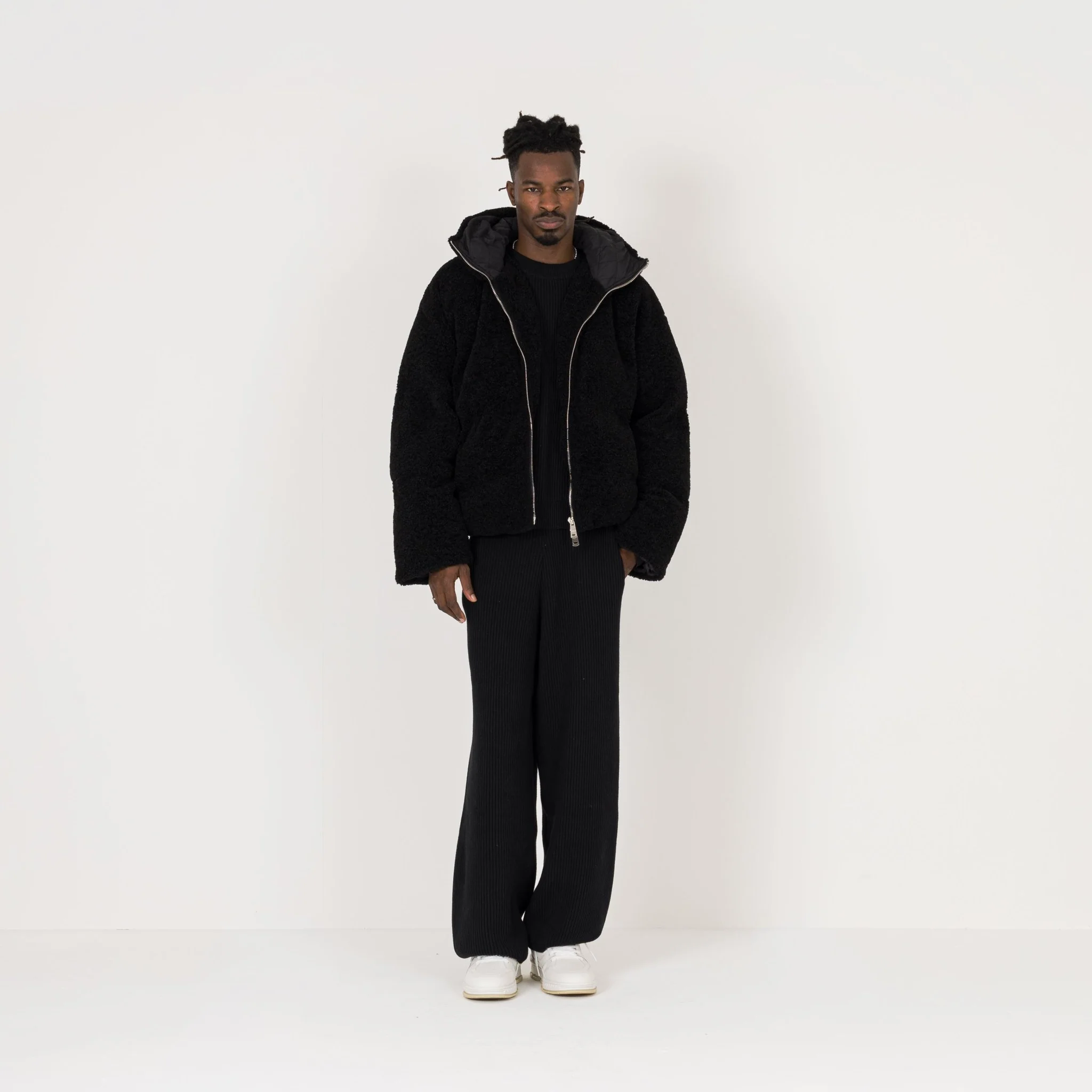 Fleece Puffer Jacket - Black - Image 8