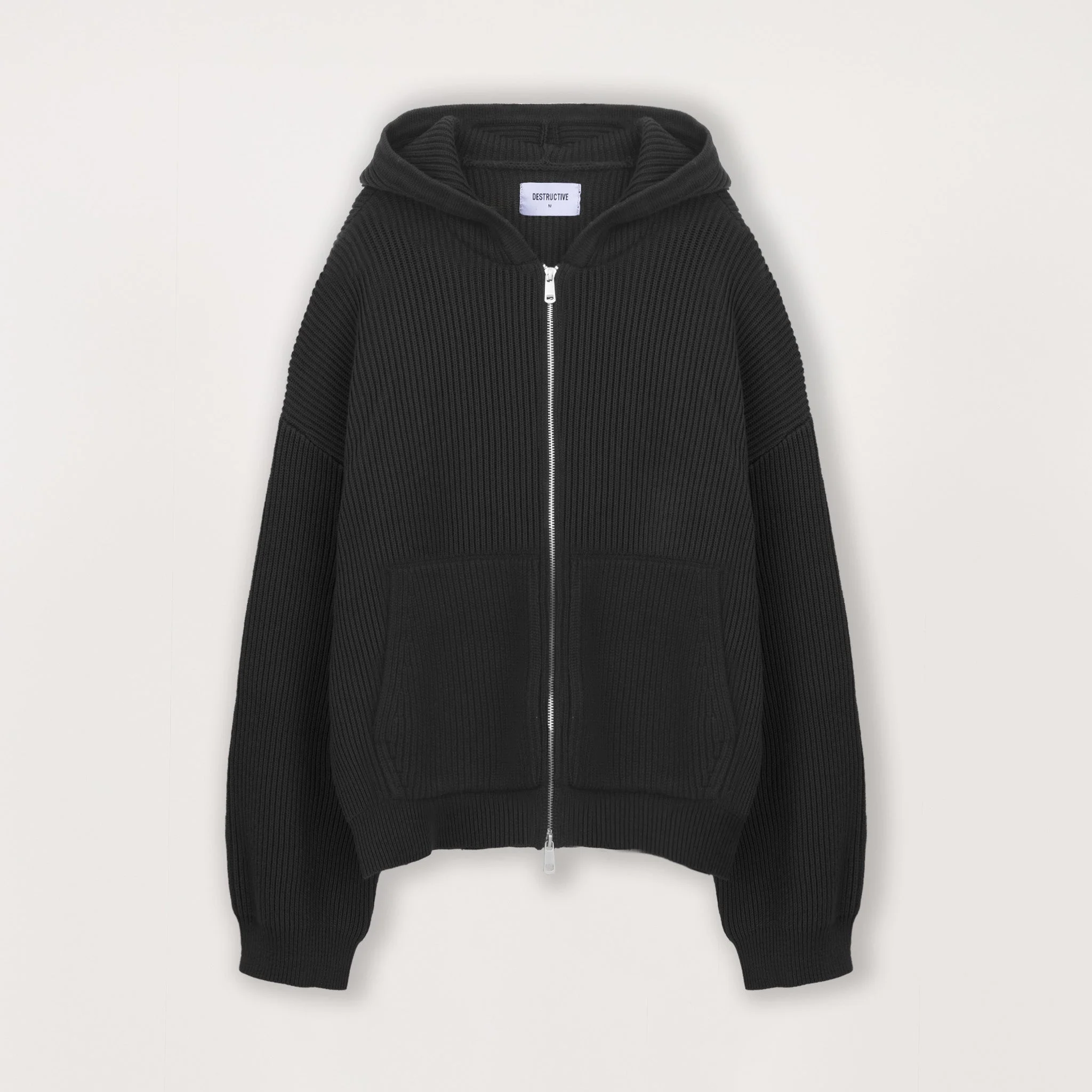 Ribbed Zip Hoodie - Black