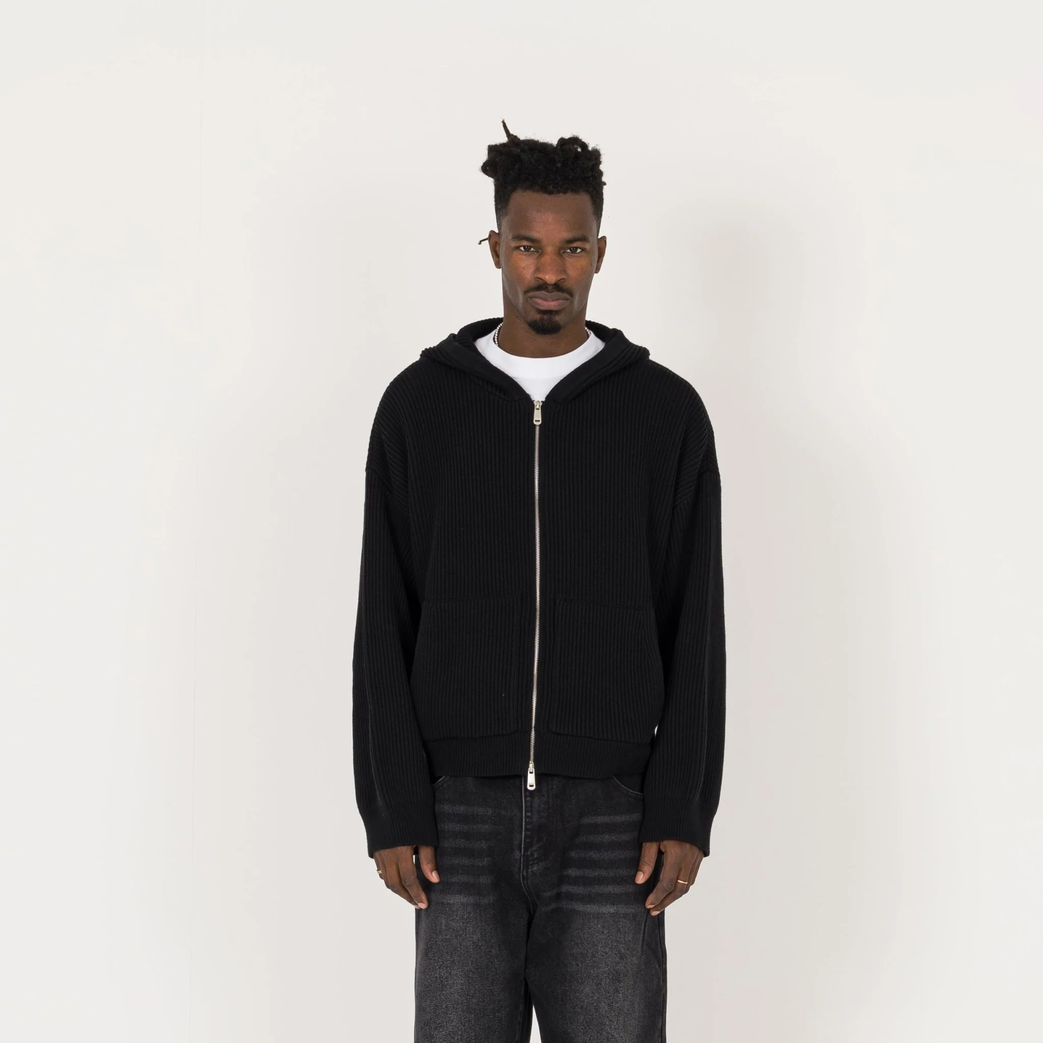 Ribbed Zip Hoodie - Black - Image 2